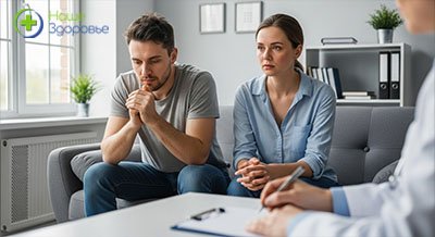 Мужчина и женщина сидят на приеме у психиатра